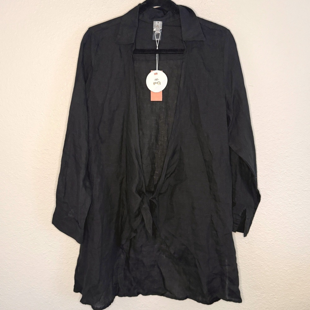 Resort Cruise Coastal Preppy Boho PQ Millie Linen Tie Swim Cover Up Black M/L